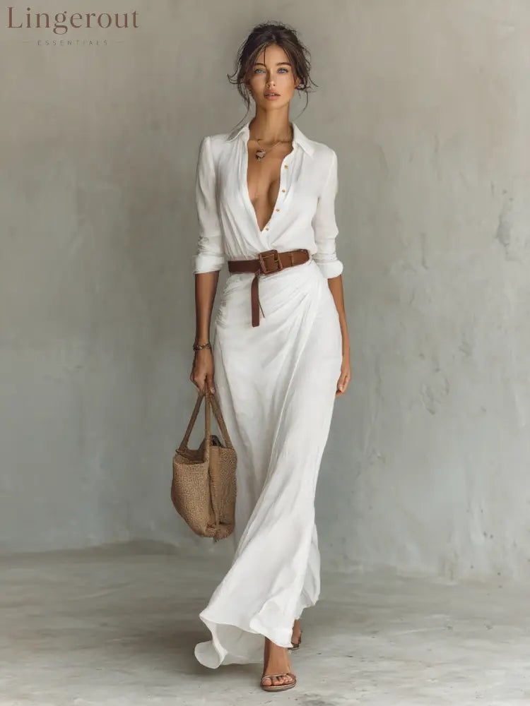 Ladies Lapel Single Breasted Long Sleeve Belted Maxi Dress - White / XS