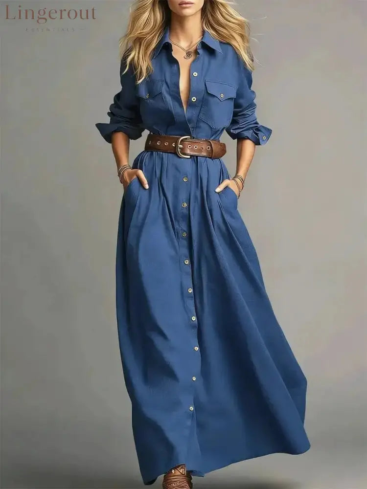 Lapel Collar Button Front Maxi Dress Women Long Sleeve A‑Line Casual Shirt Dress With Pockets