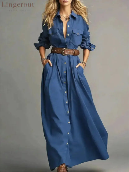 Lapel Collar Button Front Maxi Dress Women Long Sleeve A‑Line Casual Shirt Dress With Pockets