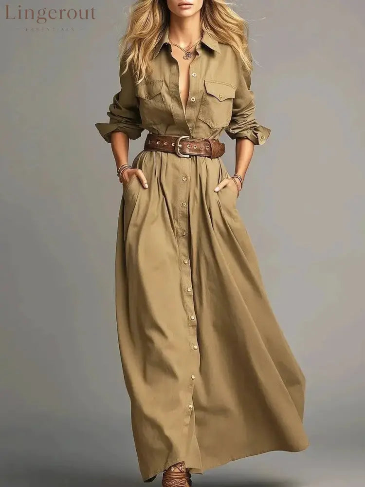 Lapel Collar Button Front Maxi Dress Women Long Sleeve A‑Line Casual Shirt Dress With Pockets