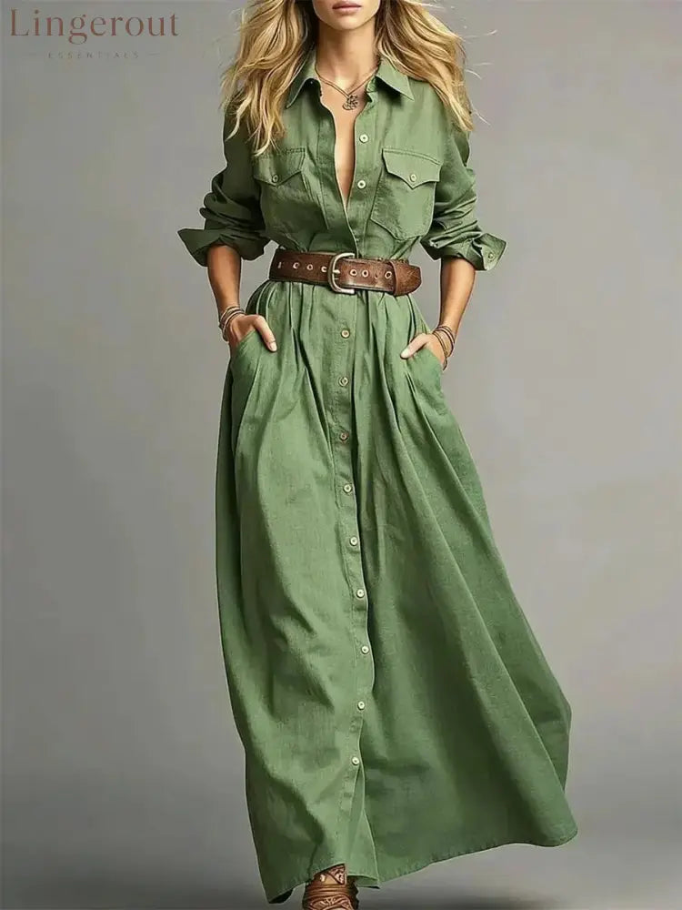 Lapel Collar Button Front Maxi Dress Women Long Sleeve A‑Line Casual Shirt Dress With Pockets