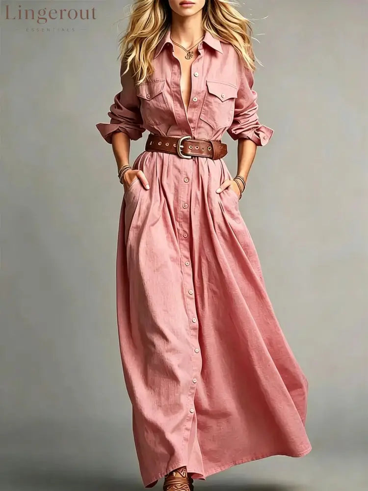 Lapel Collar Button Front Maxi Dress Women Long Sleeve A‑Line Casual Shirt Dress With Pockets - Pink(No Belt) / S