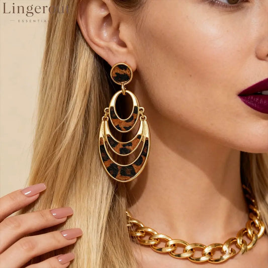 Layered Crescent Leopard Print Dangle Earrings Vintage 14K Gold Plated Animal Pattern Statement Drop Earrings