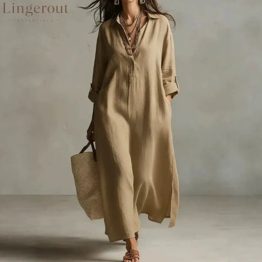 Lazy Style Solid Color Lapel Casual Long-Sleeved Shirt Dress