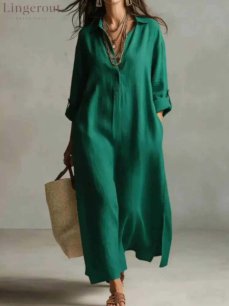 Lazy Style Solid Color Lapel Casual Long-Sleeved Shirt Dress - Green / S