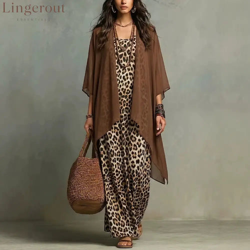 European And American Cross-Border New Spring And Autumn Leopard Print Suspender Long Skirt Two-Piece Blouse Chiffon