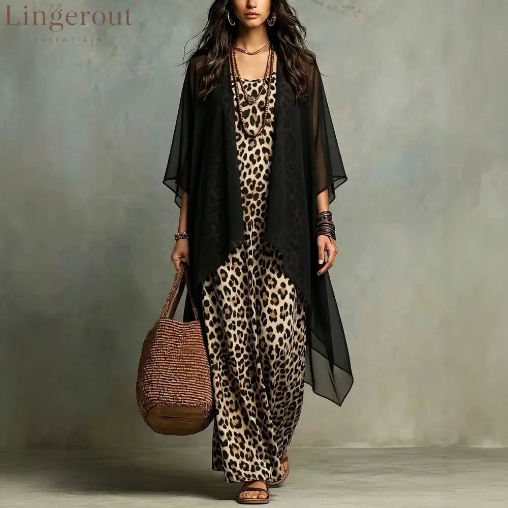 European And American Cross-Border New Spring And Autumn Leopard Print Suspender Long Skirt Two-Piece Blouse Chiffon