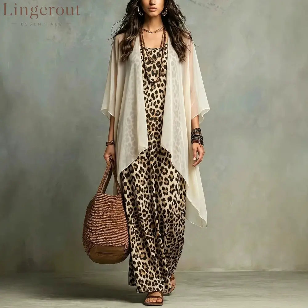 European And American Cross-Border New Spring And Autumn Leopard Print Suspender Long Skirt Two-Piece Blouse Chiffon
