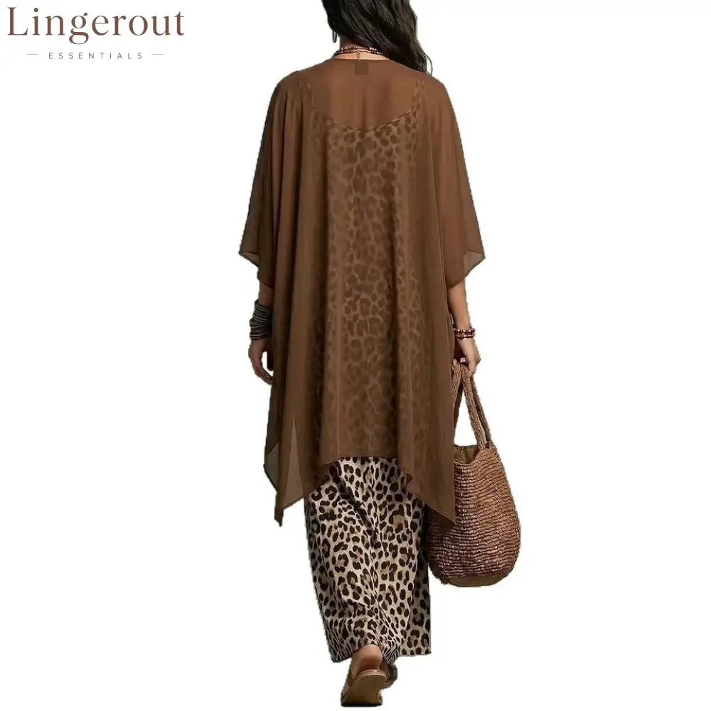 European And American Cross-Border New Spring And Autumn Leopard Print Suspender Long Skirt Two-Piece Blouse Chiffon