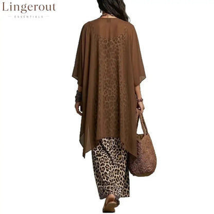 European And American Cross-Border New Spring And Autumn Leopard Print Suspender Long Skirt Two-Piece Blouse Chiffon
