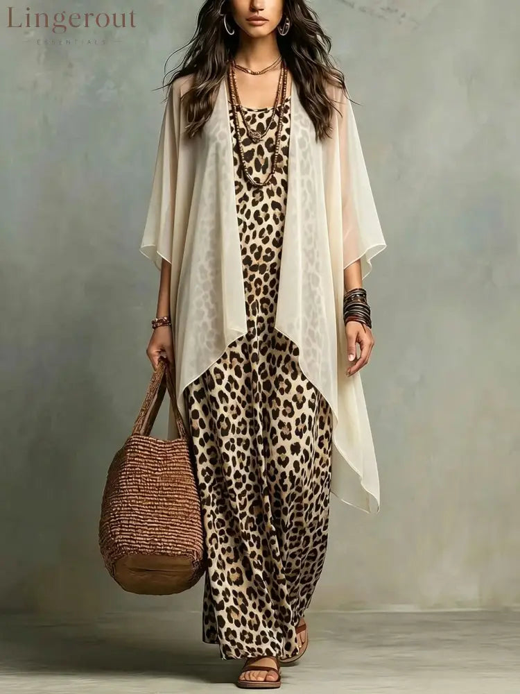European And American Cross-Border New Spring And Autumn Leopard Print Suspender Long Skirt Two-Piece Blouse Chiffon