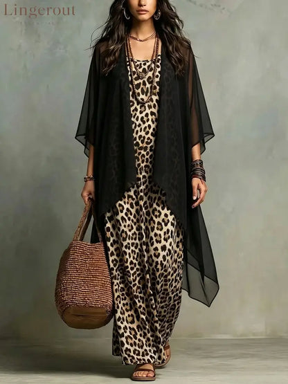 European And American Cross-Border New Spring And Autumn Leopard Print Suspender Long Skirt Two-Piece Blouse Chiffon
