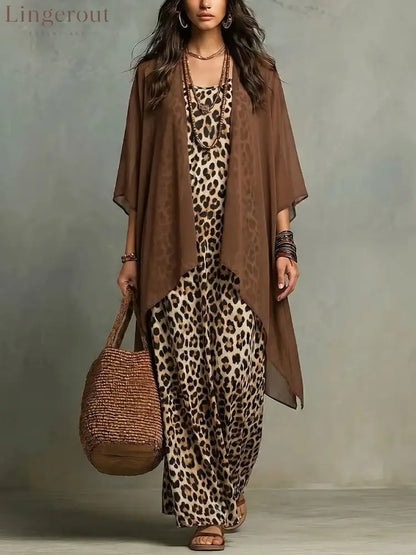 European And American Cross-Border New Spring And Autumn Leopard Print Suspender Long Skirt Two-Piece Blouse Chiffon