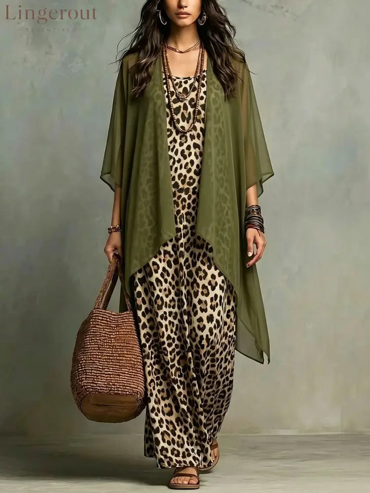 European And American Cross-Border New Spring And Autumn Leopard Print Suspender Long Skirt Two-Piece Blouse Chiffon