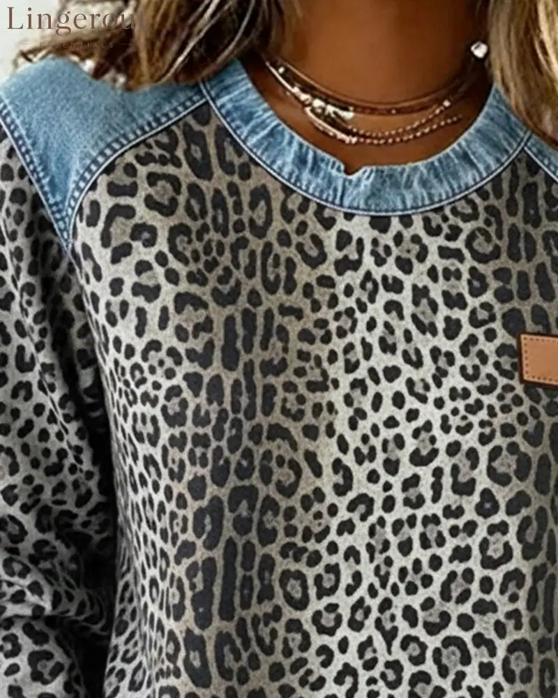 Leopard Print Denim Patchwork Sweatshirt