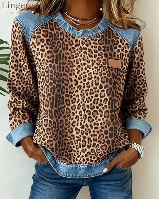 Leopard Print Denim Patchwork Sweatshirt - Brown / S