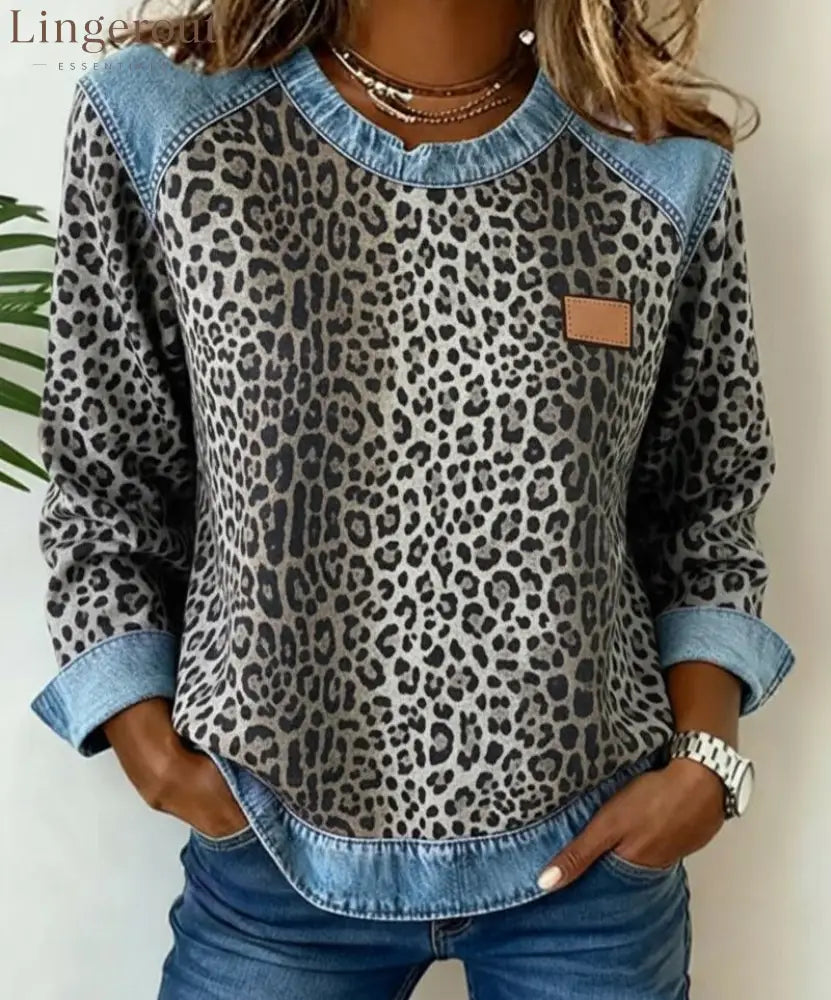 Leopard Print Denim Patchwork Sweatshirt - Gray / S