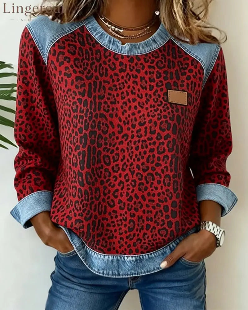 Leopard Print Denim Patchwork Sweatshirt - Red / S