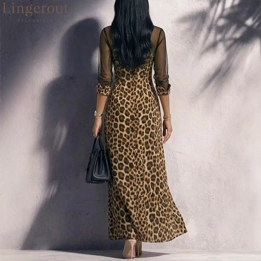 Leopard Print Mesh Sleeve Maxi Shirt Dress