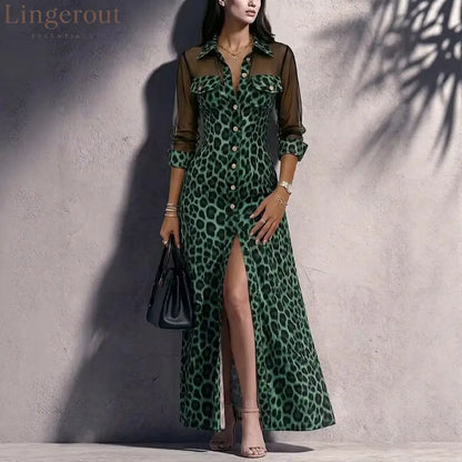 Leopard Print Mesh Sleeve Maxi Shirt Dress