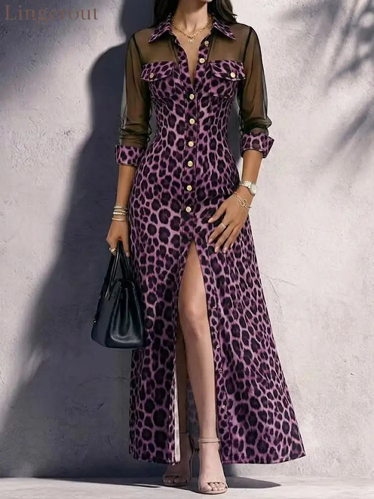 Leopard Print Mesh Sleeve Maxi Shirt Dress - Purple / S