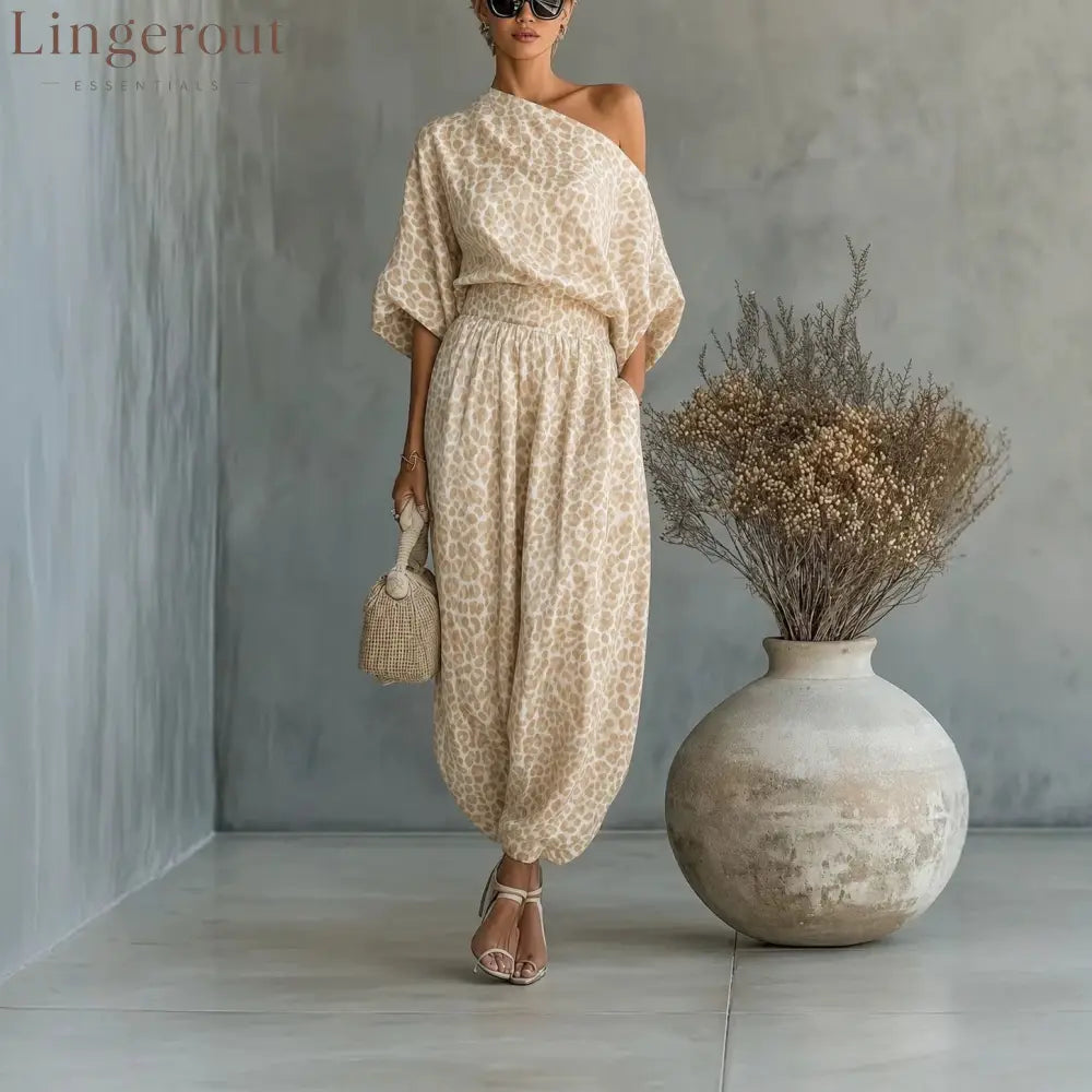 Leopard Print One Shoulder Batwing Top & Cuffed Harem Jogger 2 Piece Co-Ord Set