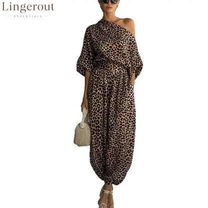 Leopard Print One Shoulder Batwing Top & Cuffed Harem Jogger 2 Piece Co-Ord Set