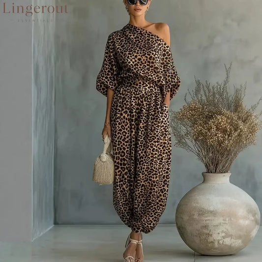 Leopard Print One Shoulder Batwing Top & Cuffed Harem Jogger 2 Piece Co-Ord Set