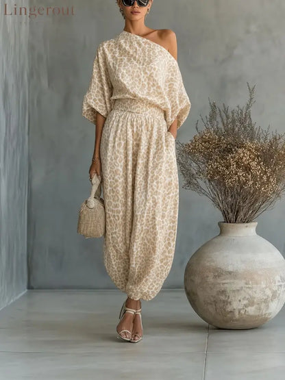 Leopard Print One Shoulder Batwing Top & Cuffed Harem Jogger 2 Piece Co-Ord Set - Apricot leopard print / S