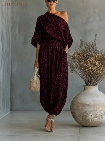 Leopard Print One Shoulder Batwing Top & Cuffed Harem Jogger 2 Piece Co-Ord Set - Burgundy leopard print / S