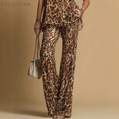 Leopard Print Rhinestone Halter Tank & High Waist Wide Leg Pants 2 Piece Matching Set