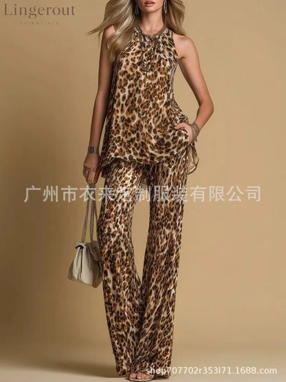 Leopard Print Rhinestone Halter Tank & High Waist Wide Leg Pants 2 Piece Matching Set - Print color / XS