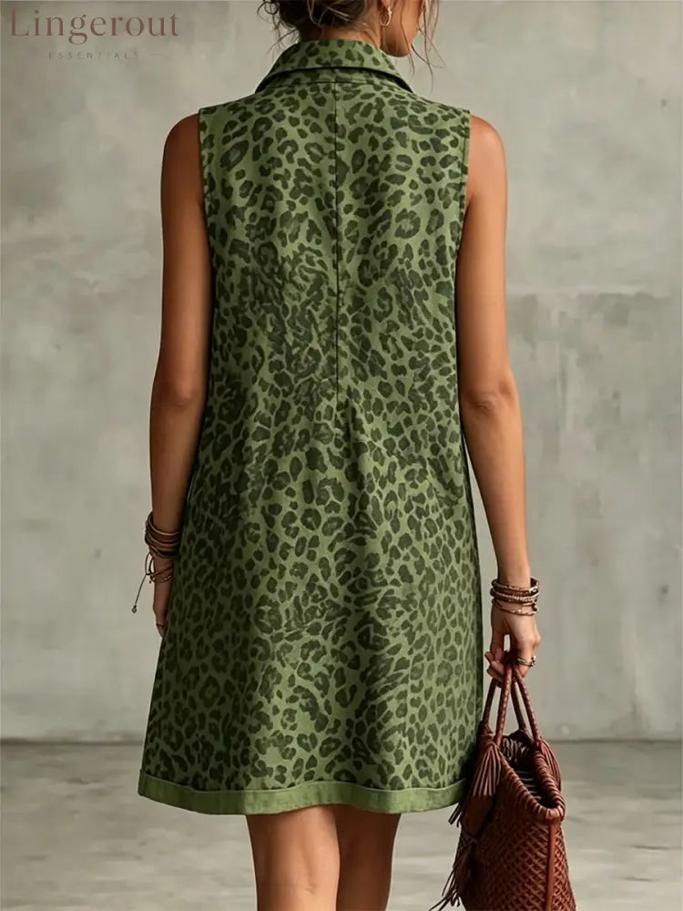 Leopard Print Sleeveless Cropped Dress Featuring A Half-zip Collar And Contrasting Patch Pockets.