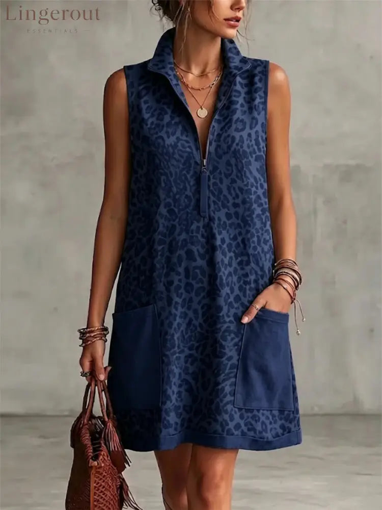 Leopard Print Sleeveless Cropped Dress Featuring A Half-zip Collar And Contrasting Patch Pockets. - Blue / S