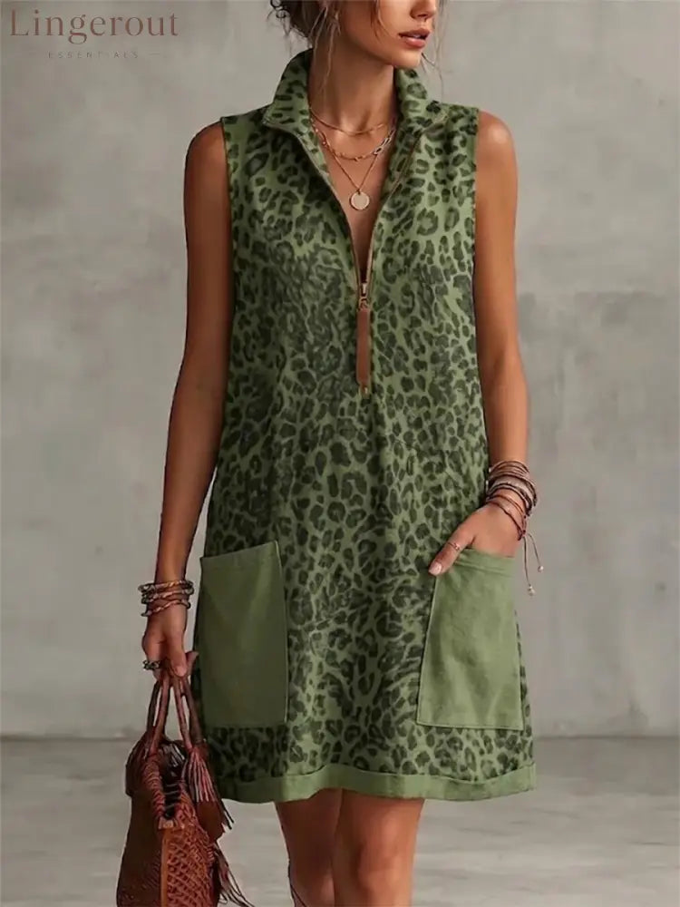 Leopard Print Sleeveless Cropped Dress Featuring A Half-zip Collar And Contrasting Patch Pockets. - Green / S