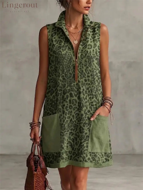 Leopard Print Sleeveless Cropped Dress Featuring A Half-zip Collar And Contrasting Patch Pockets. - Green / S