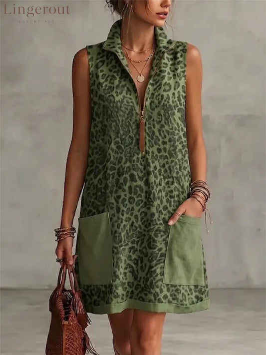 Leopard Print Sleeveless Cropped Dress Featuring A Half-zip Collar And Contrasting Patch Pockets. - Green / S
