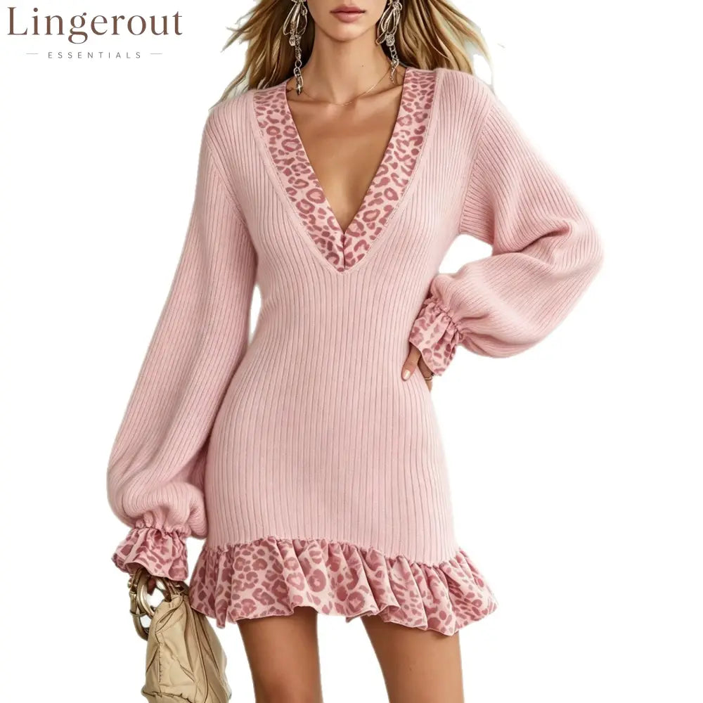 Leopard Trim Ribbed Mini Dress