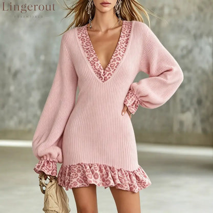 Leopard Trim Ribbed Mini Dress