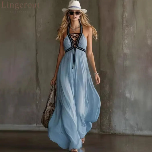 Light Blue Crisscross Halter Flowy Chiffon Maxi Dress