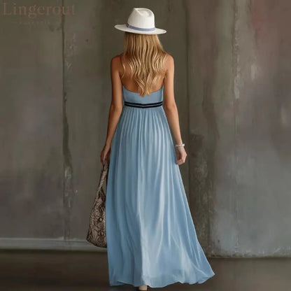 Light Blue Crisscross Halter Flowy Chiffon Maxi Dress