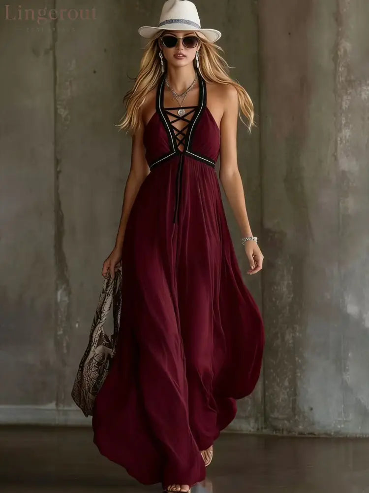 Light Blue Crisscross Halter Flowy Chiffon Maxi Dress - Claret / XS