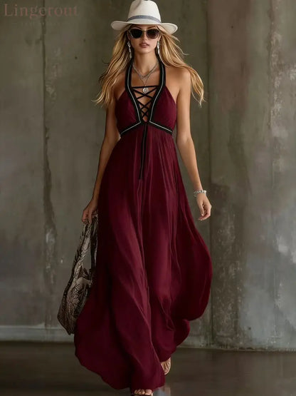 Light Blue Crisscross Halter Flowy Chiffon Maxi Dress - Claret / XS
