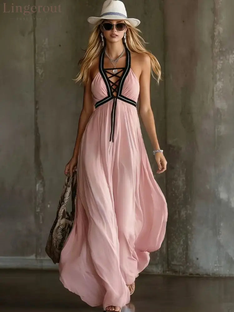 Light Blue Crisscross Halter Flowy Chiffon Maxi Dress - Pink / XS