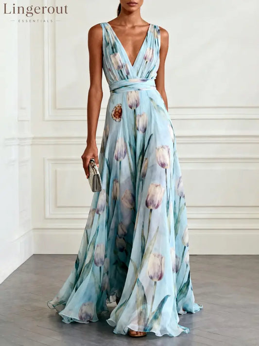 Light Blue Floral Print Chiffon V-neck Sleeveless Maxi Dress - Light Blue / XS