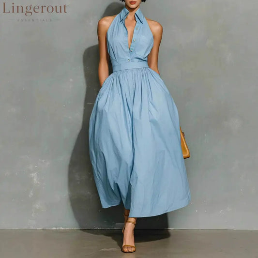 Light Blue Halter Collar Button Front Pleated Midi Cotton Shirt Dress - Blue / S