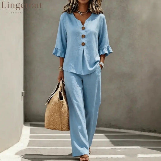 Light Blue V Neck Ruffle Sleeve Linen Two-Piece Wide Leg Pants Set