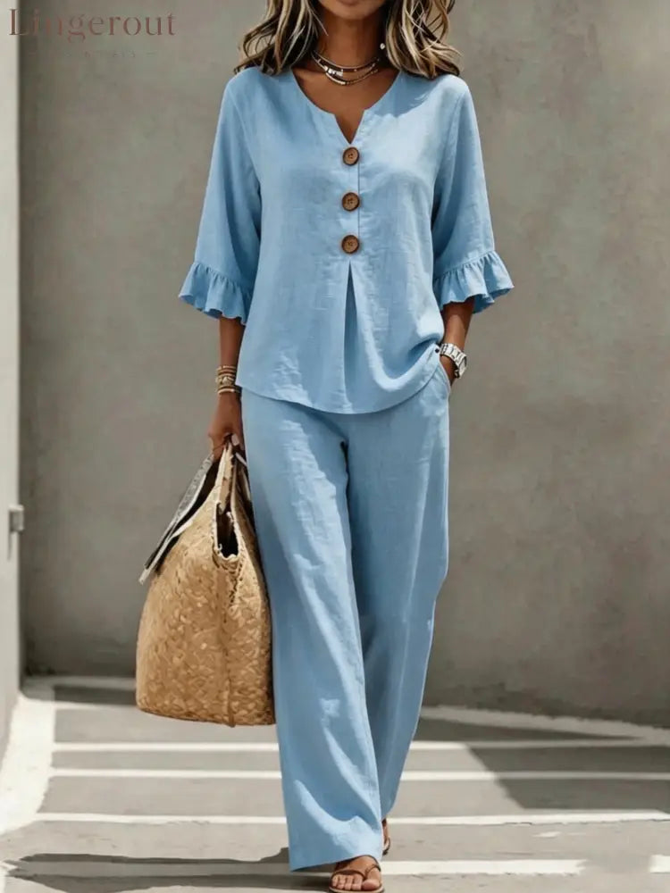 Light Blue V Neck Ruffle Sleeve Linen Two-Piece Wide Leg Pants Set - Light blue / S