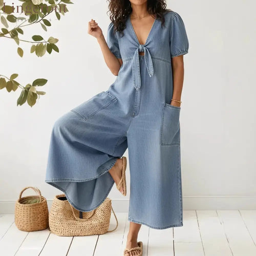 Light Wash Tie-Front Denim Wide-Leg Jumpsuit