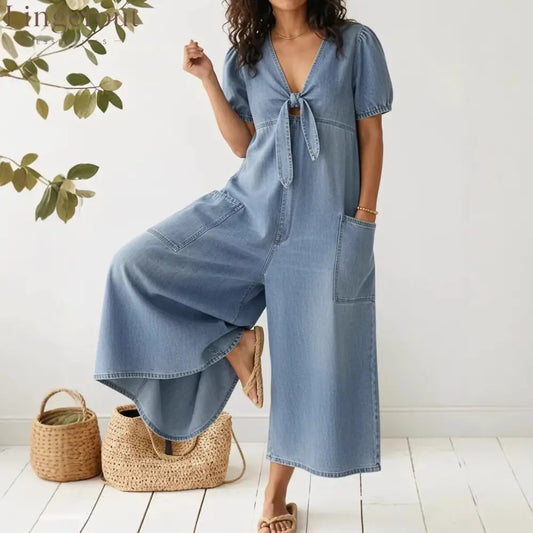 Light Wash Tie-Front Denim Wide-Leg Jumpsuit